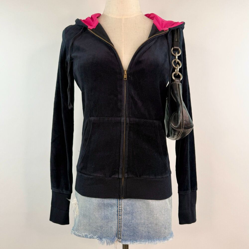 Y2K 'Jenni' Black Velour Zip Up Hooded Jacket Sweater Bedazzled Detail Size M